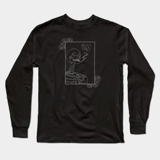 Smoking Skeleton With Roses | Black and White Long Sleeve T-Shirt